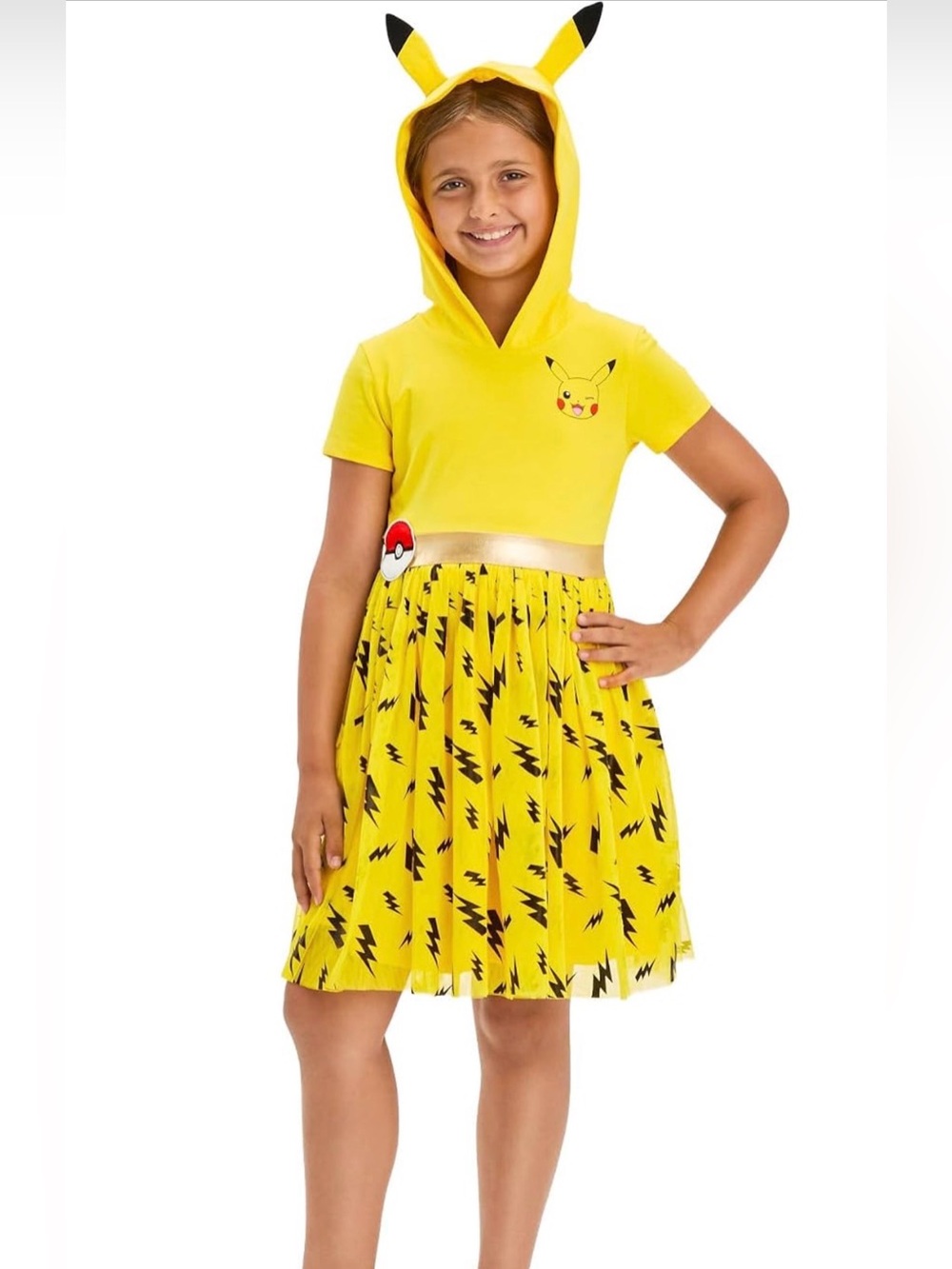 Pokemon Pikachu Yellow Hooded Kids Tulle Dress with Lightning Print - Size XS
